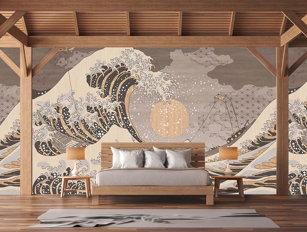 木目調の上に浮世絵のグラフィック、和柄壁紙