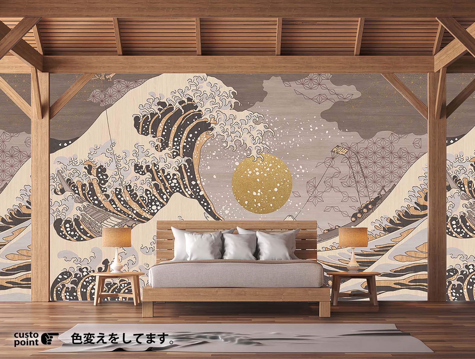 木目調の上に浮世絵のグラフィック、和柄壁紙