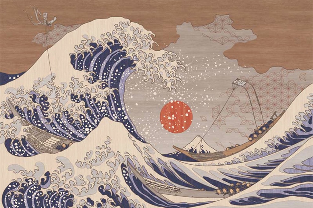 木目調の上に浮世絵のグラフィック、和柄壁紙