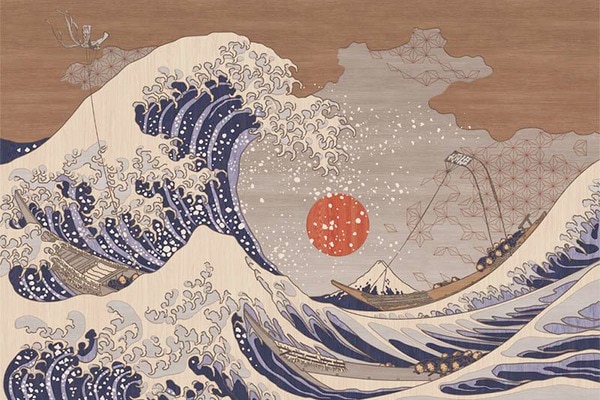 木目調の上に浮世絵のグラフィック、和柄壁紙