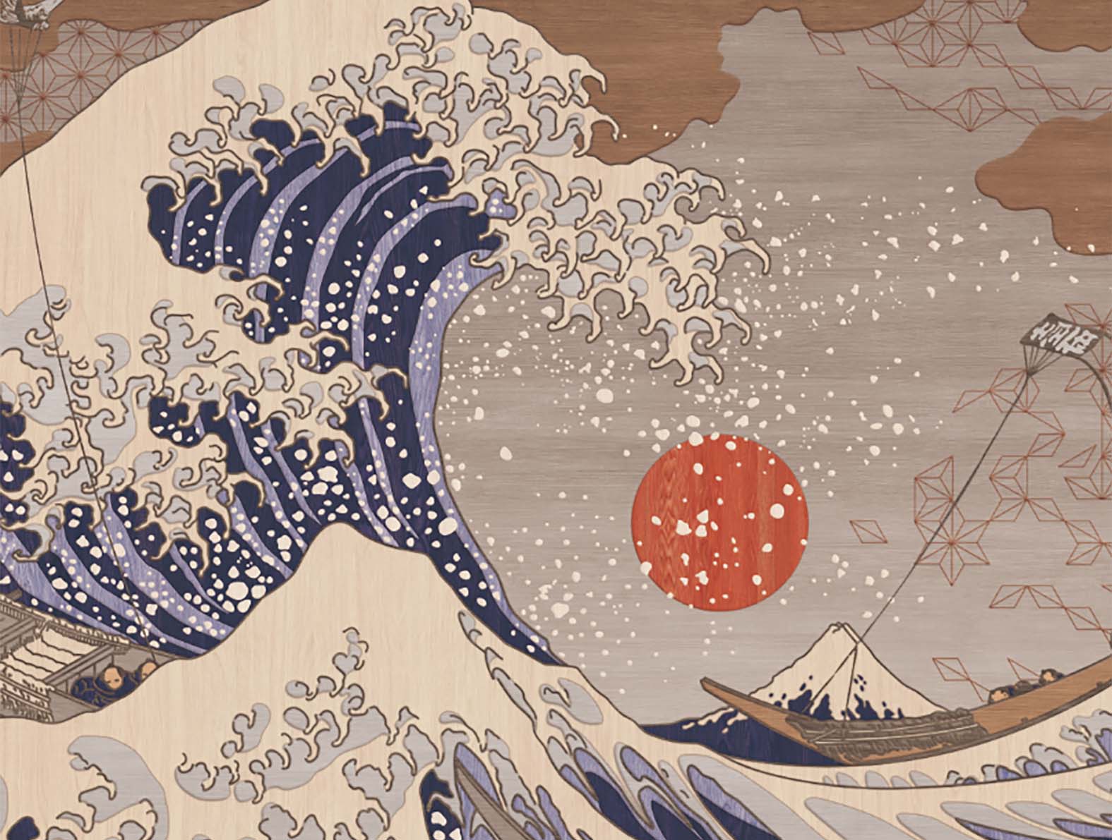 木目調の上に浮世絵のグラフィック、和柄壁紙