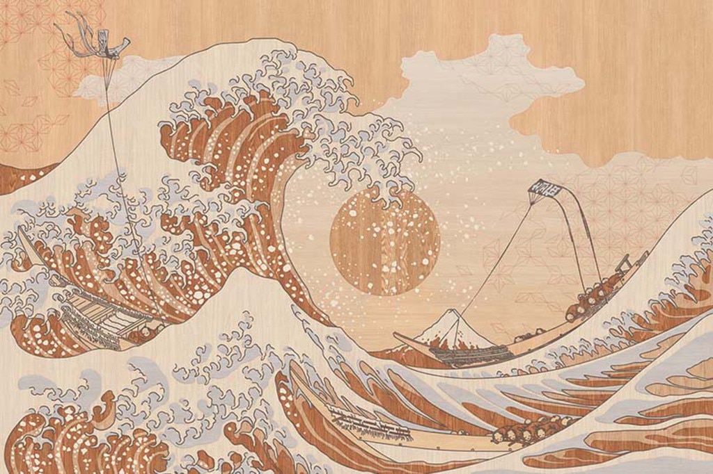 木目調の上に浮世絵のグラフィック、和柄壁紙
