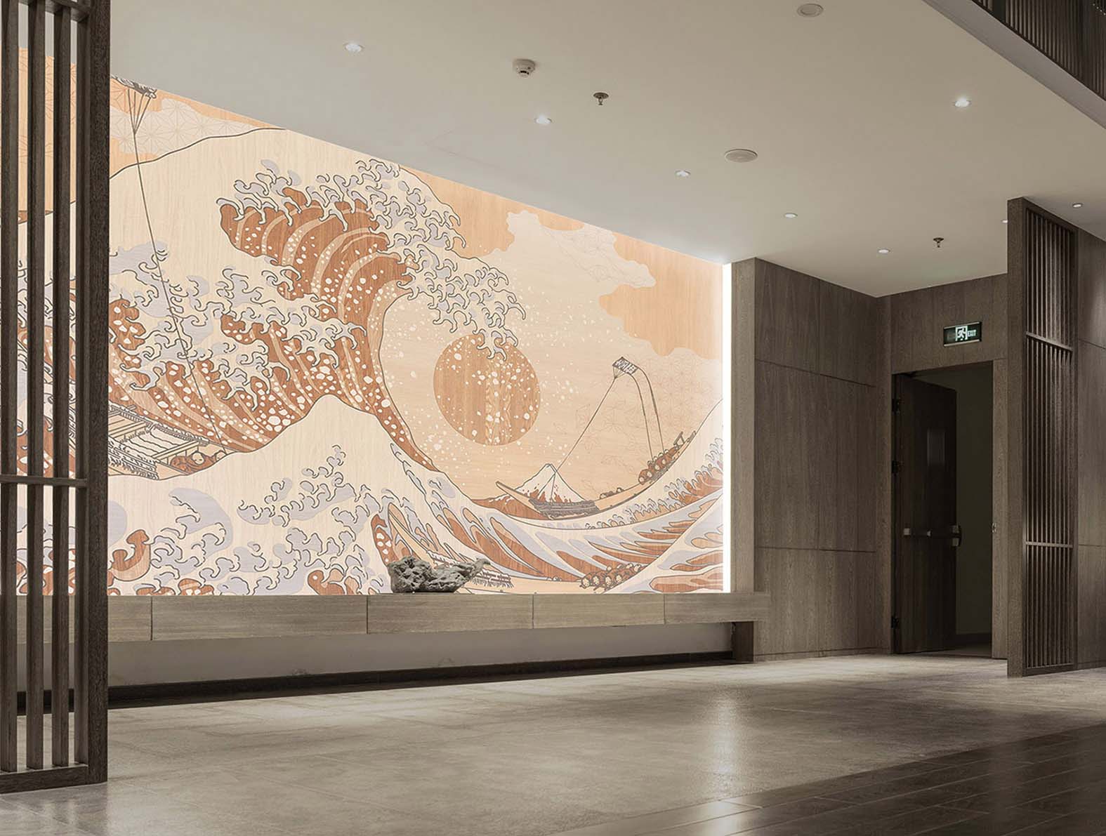 木目調の上に浮世絵のグラフィック、和柄壁紙