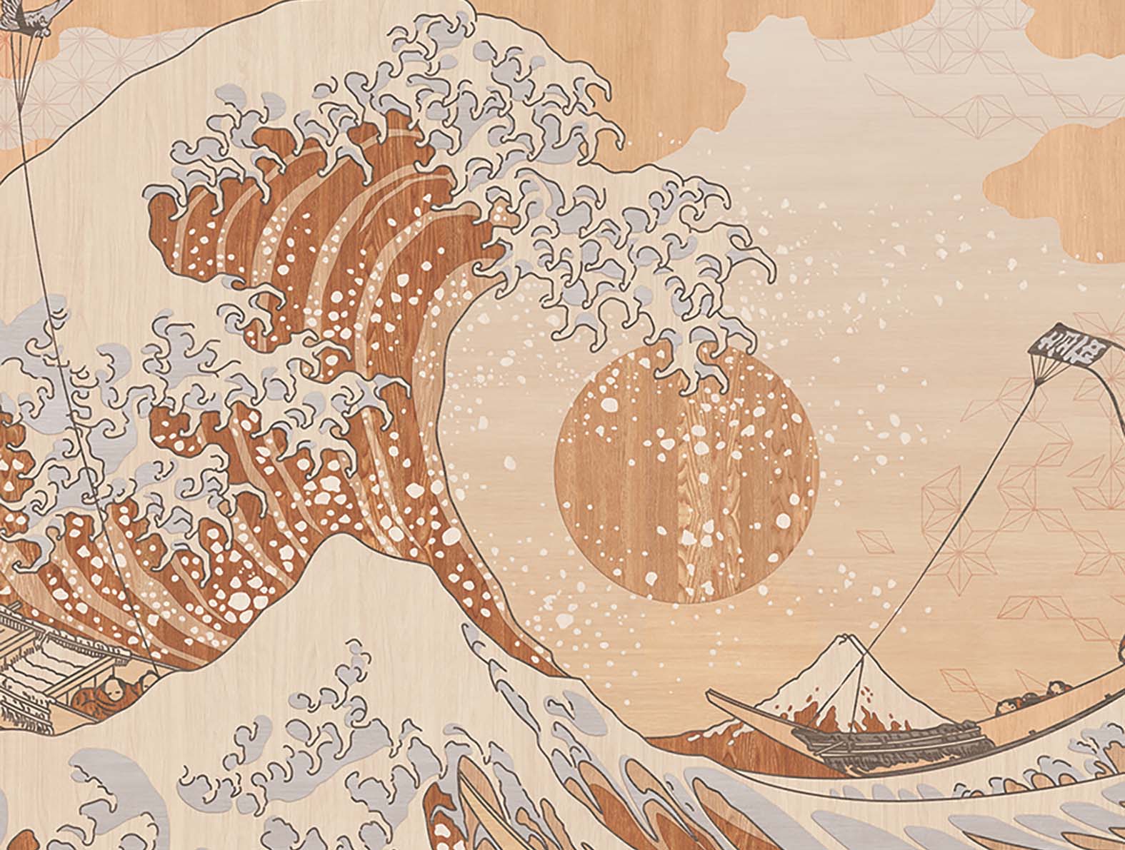 木目調の上に浮世絵のグラフィック、和柄壁紙