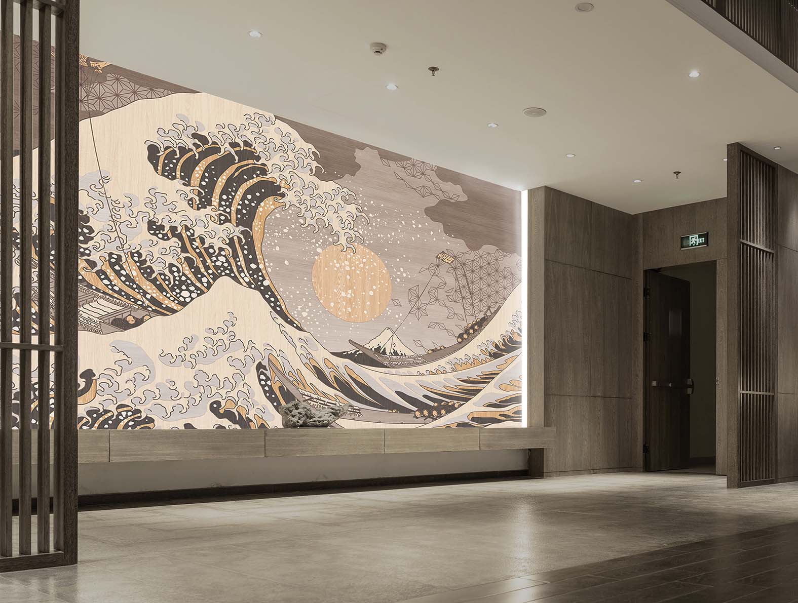 木目調の上に浮世絵のグラフィック、和柄壁紙