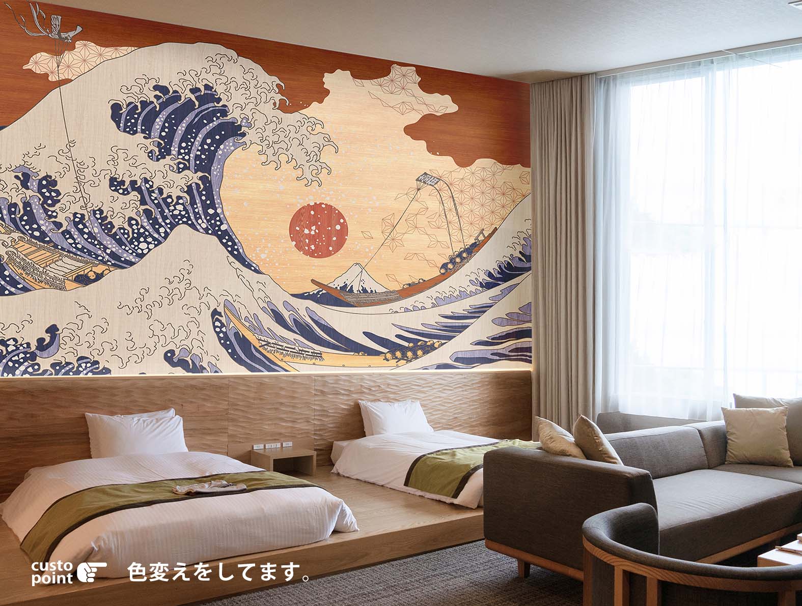 木目調の上に浮世絵のグラフィック、和柄壁紙