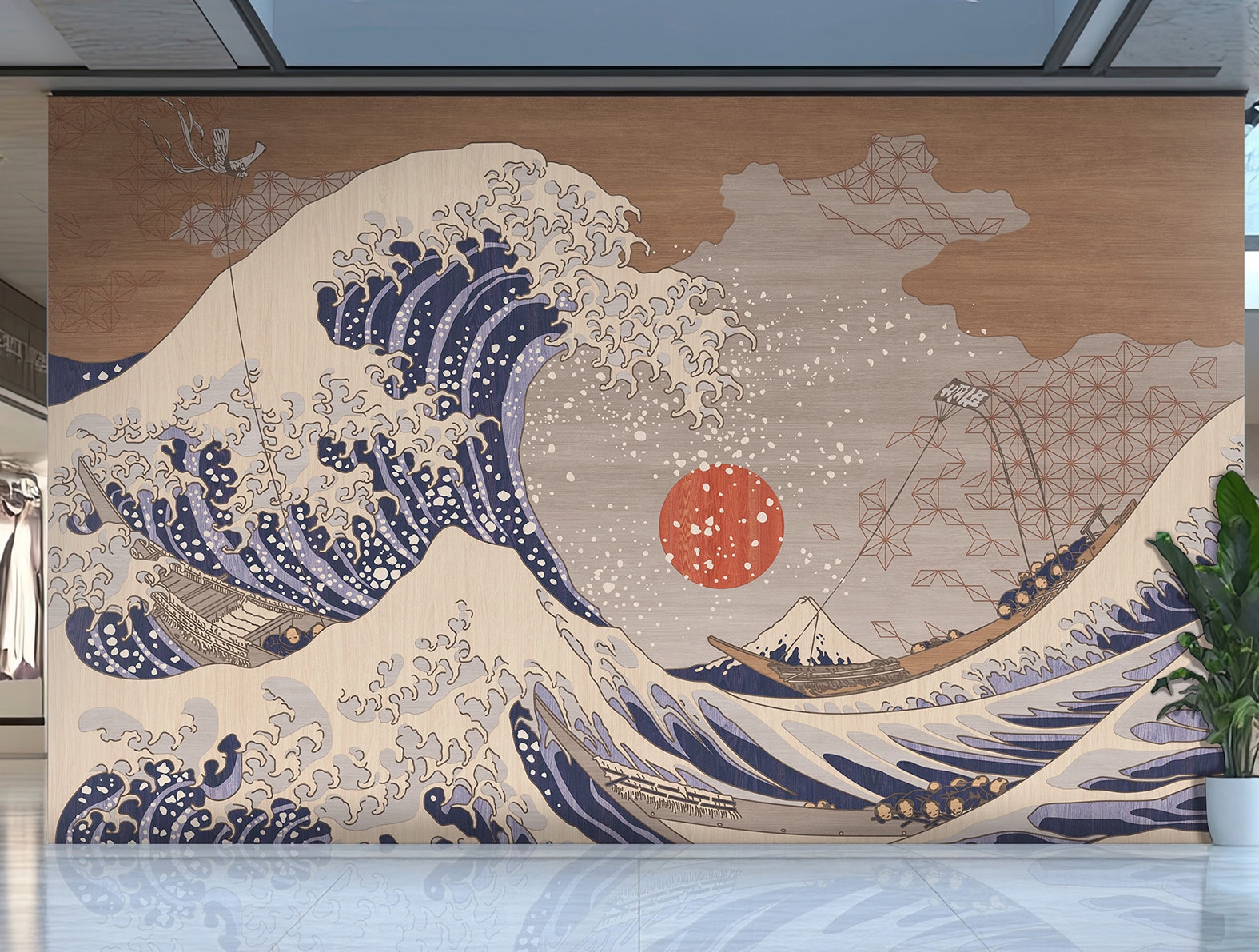 木目調の上に浮世絵のグラフィック、和柄壁紙