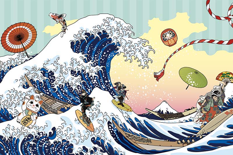 浮世絵の富士山のグラフィック、和柄壁紙