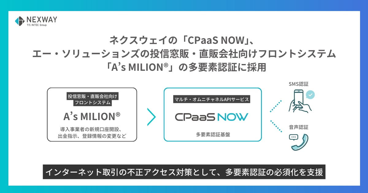 投信窓販・直販会社向けフロントシステム「A' s MILION®」の 多要素認証に「CPaaS NOW」を導入。 インターネット取引の不正アクセス対策として、多要素認証の必須化を支援 株式会社エー・ソリューションズ