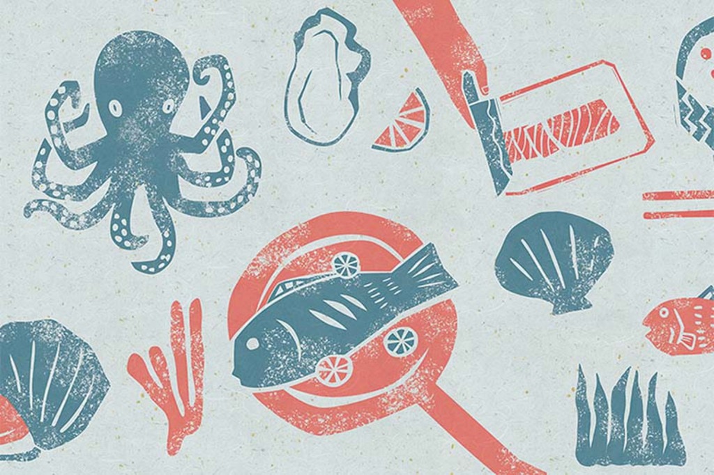 版画風おしゃれなシーフードのイラスト壁紙