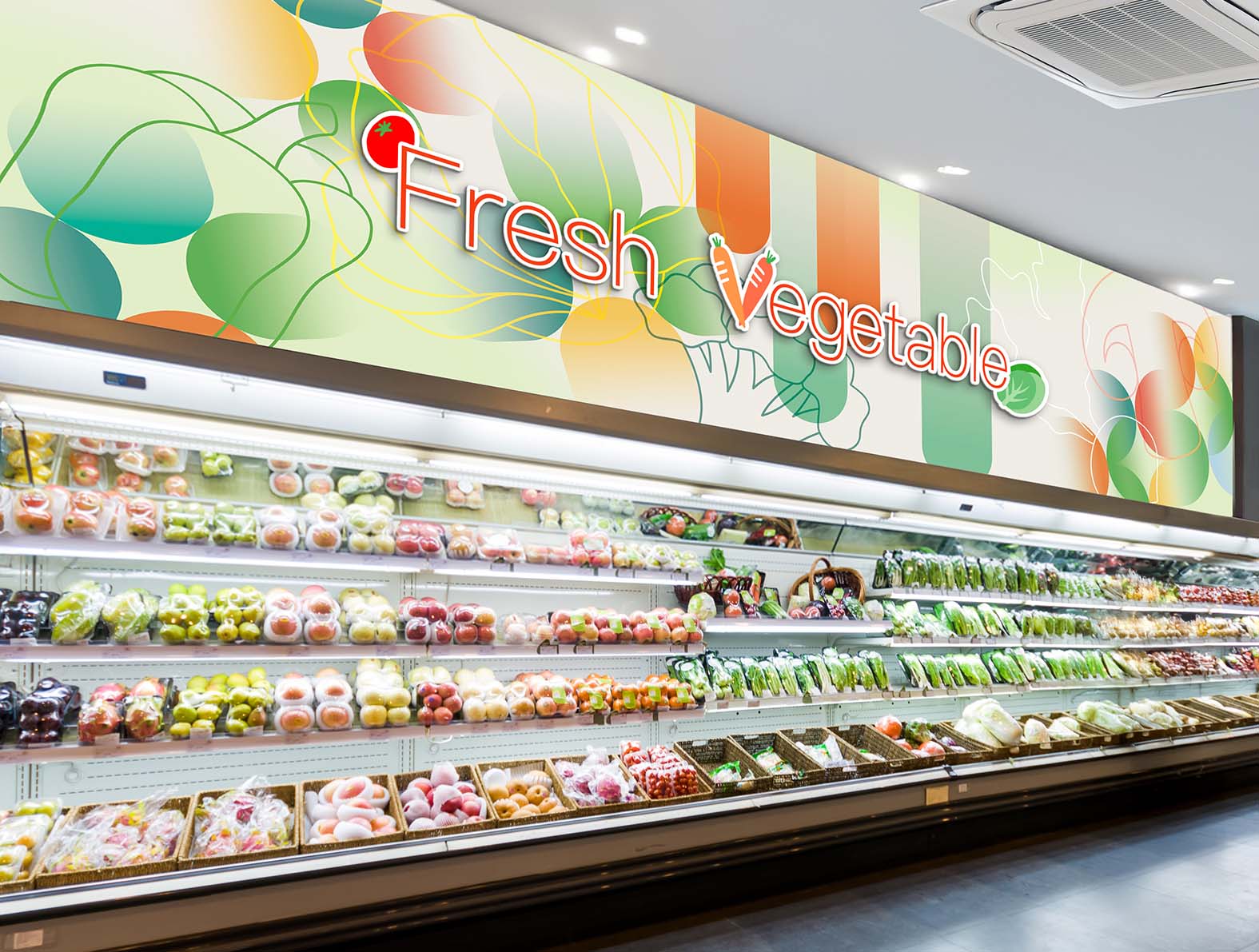 スーパーの野菜コーナーのカラフルな壁紙