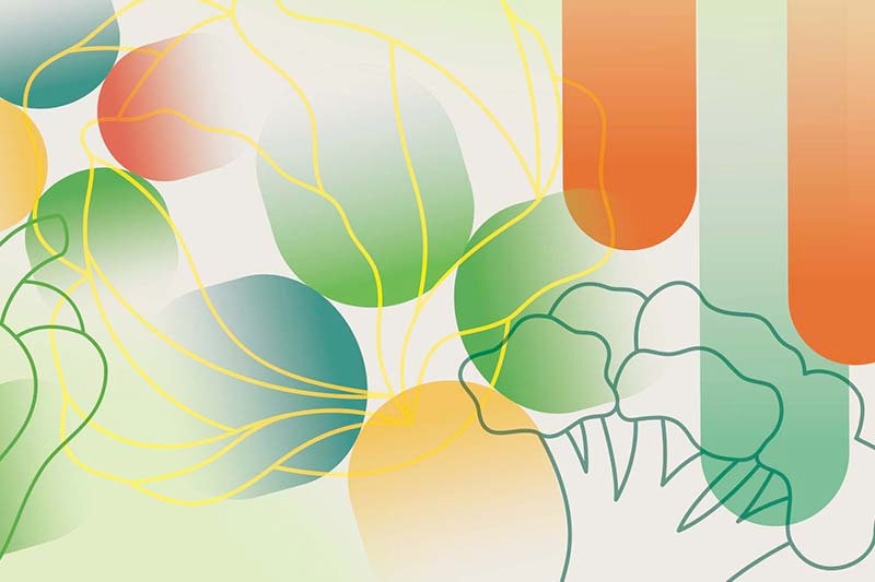 スーパーの野菜コーナーのカラフルな壁紙