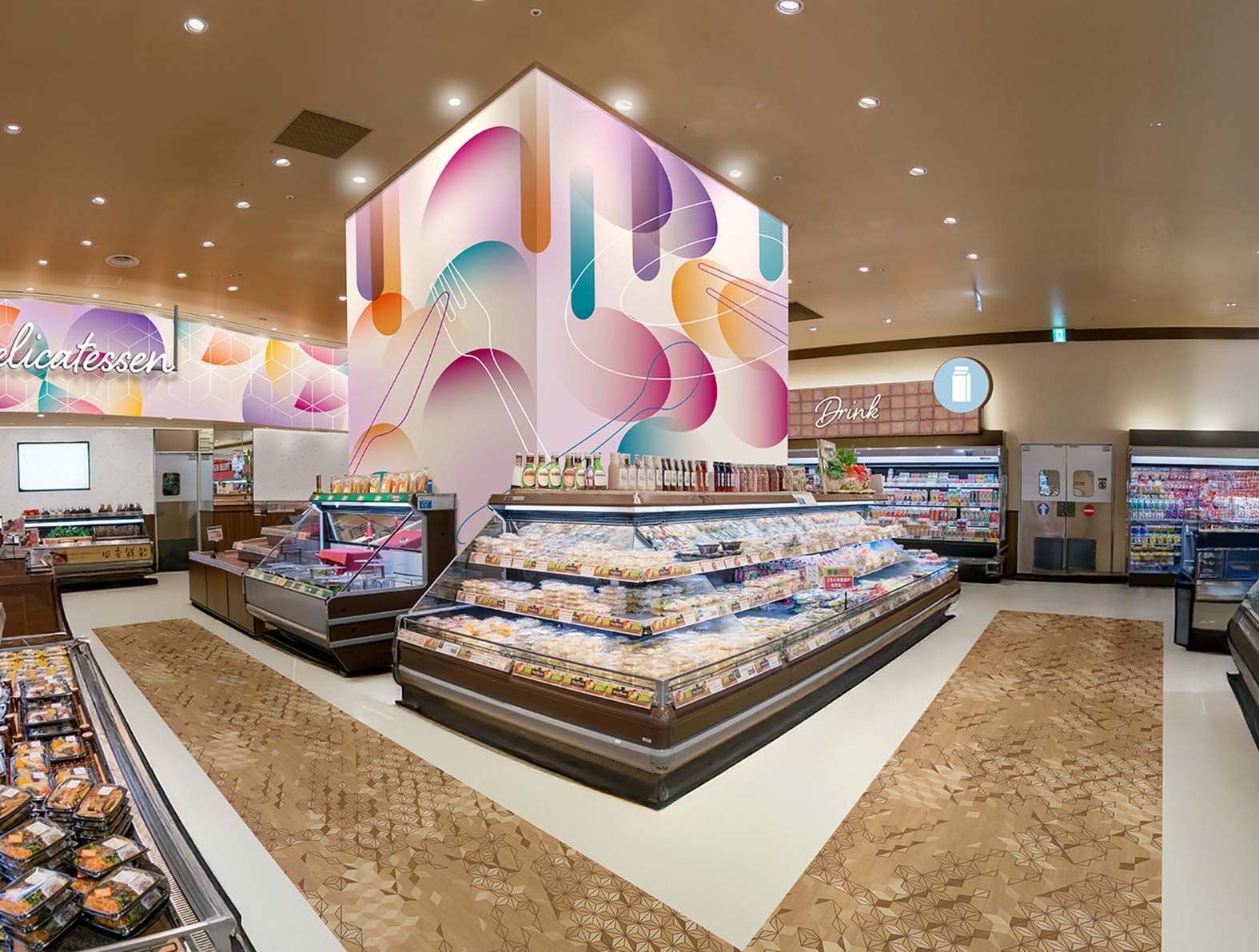 スーパーの惣菜コーナーのカラフルな壁紙