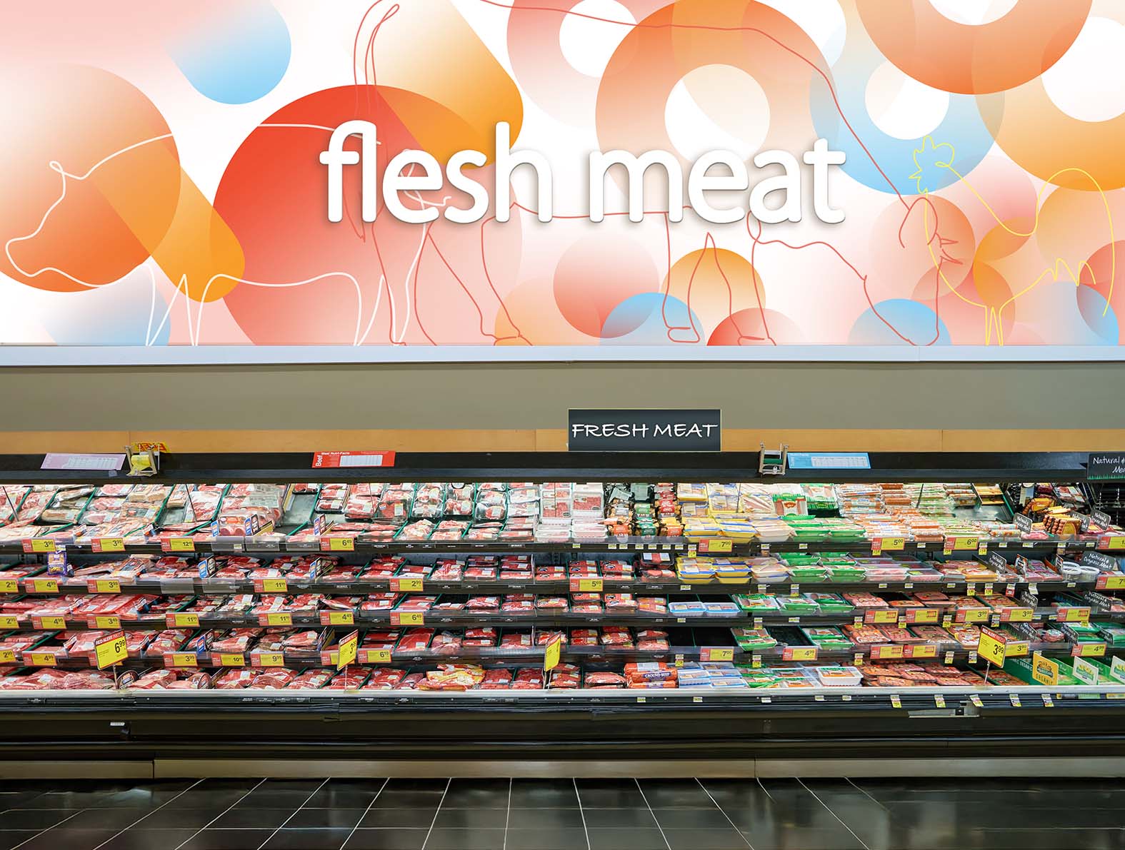 スーパーのミートコーナーのカラフルな壁紙