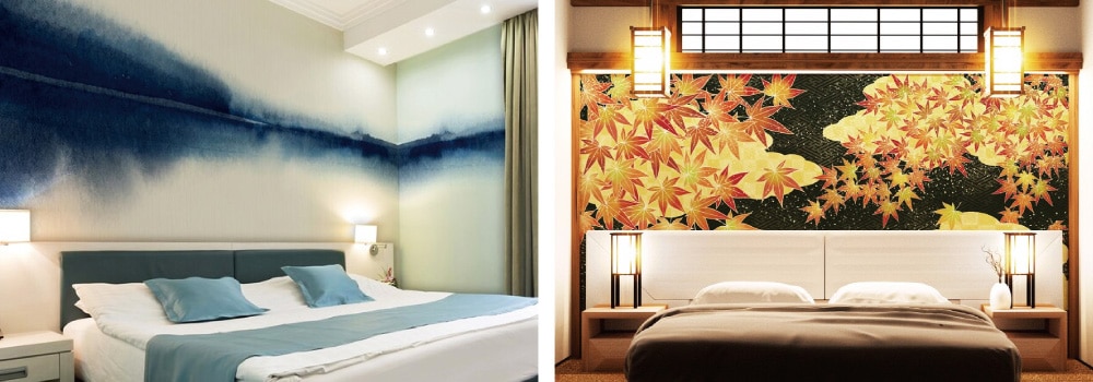 ホテル客室の照明でライトアップされた壁紙