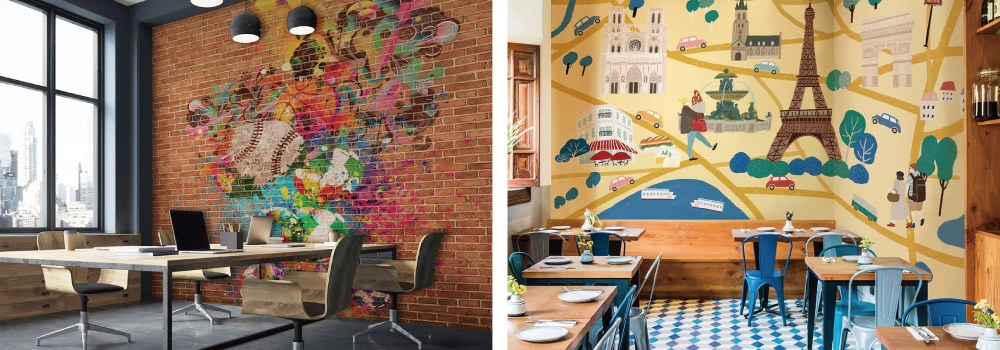 レンガのアート壁紙とポップなマップイラストの壁紙