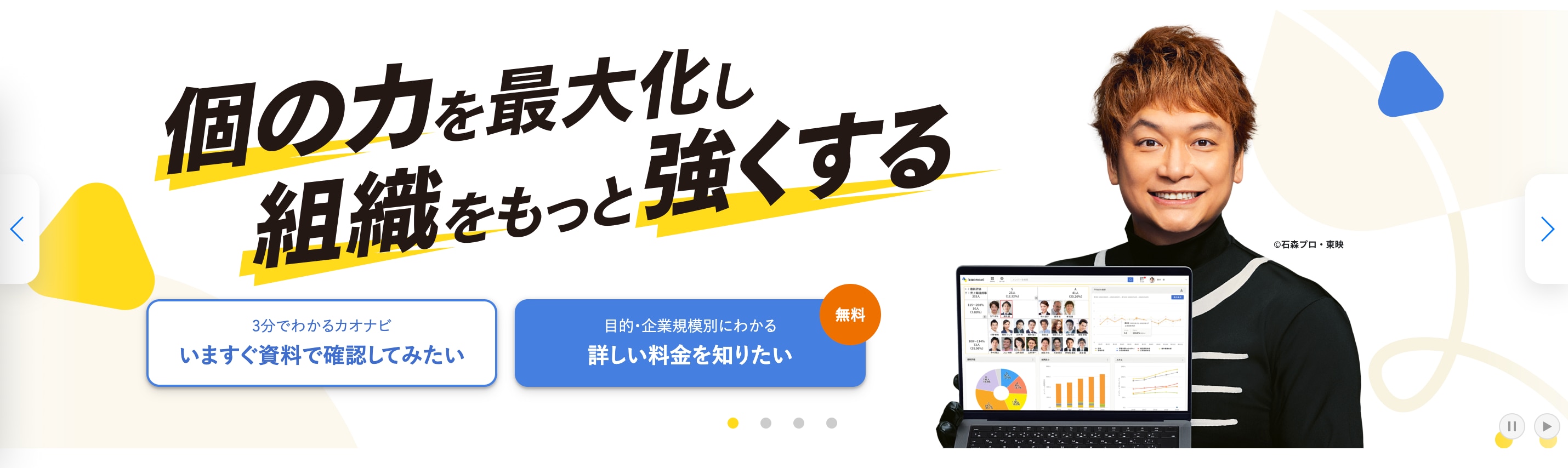 タレントマネジメントシステム「カオナビ」の紹介バナー。キャッチコピーは「個の力を最大化し、組織をもっと強くする」。男性モデルとPC画面が並び、サービスのイメージを伝えている。