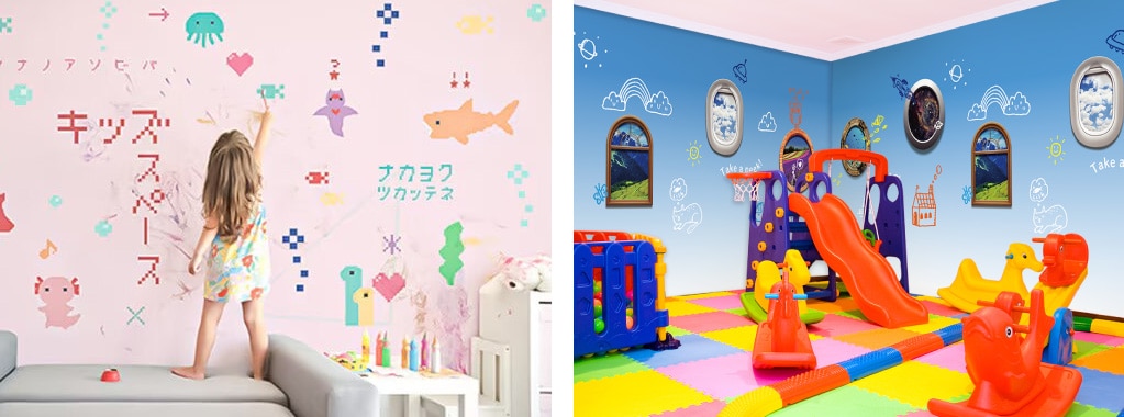 落書きができる壁とトリックアートのキッズ空間