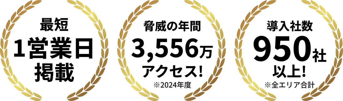 最短1営業日掲載 驚異の年間3,556万アクセス！※2024年度 導入社数950社以上！※全エリア合計