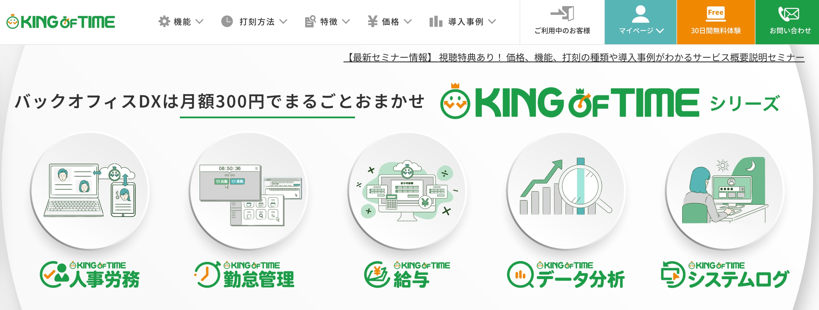 KING OF TIMEシリーズ紹介。人事労務・勤怠・給与・分析など5機能を示す。