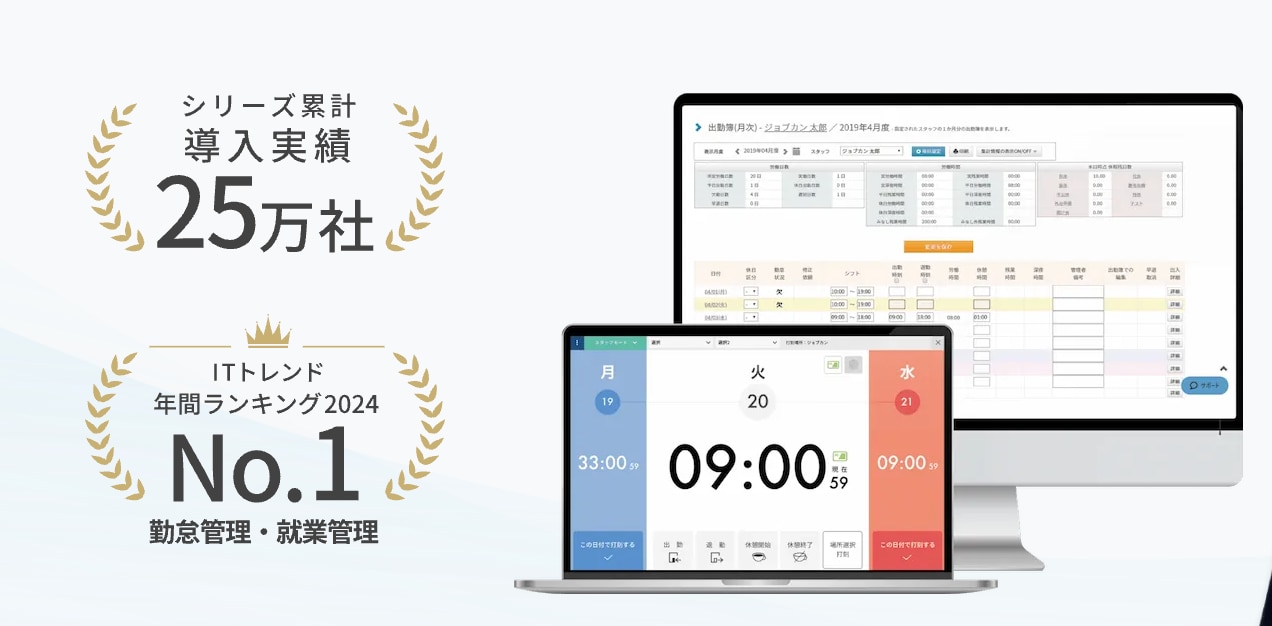 ジョブカン勤怠管理の紹介。導入25万社・ランキングNo.1の勤怠システム画面を表示。