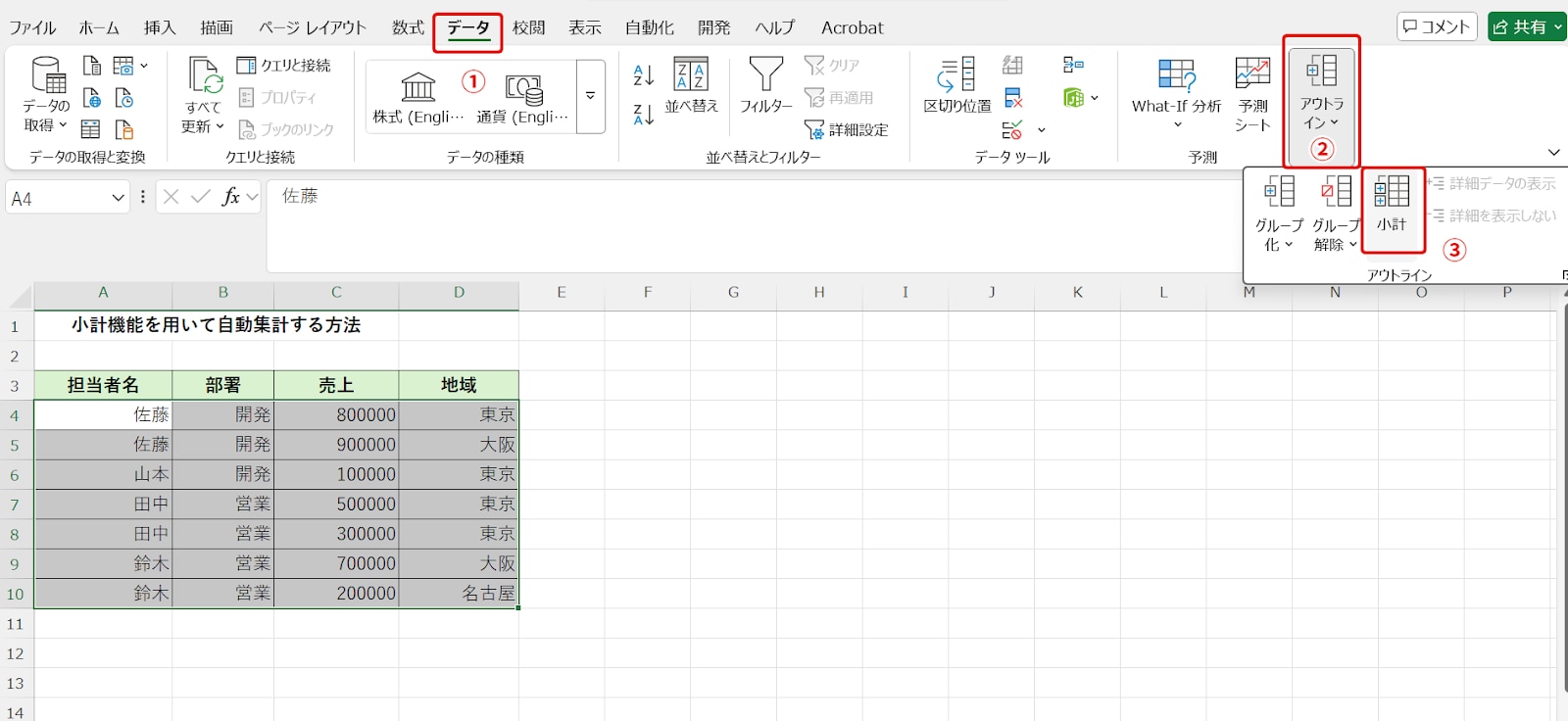 小計機能で自動集計する