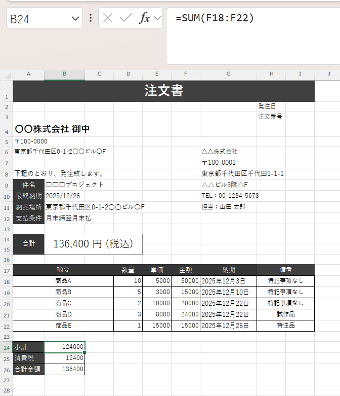 4.合計金額をSUM関数で自動算出