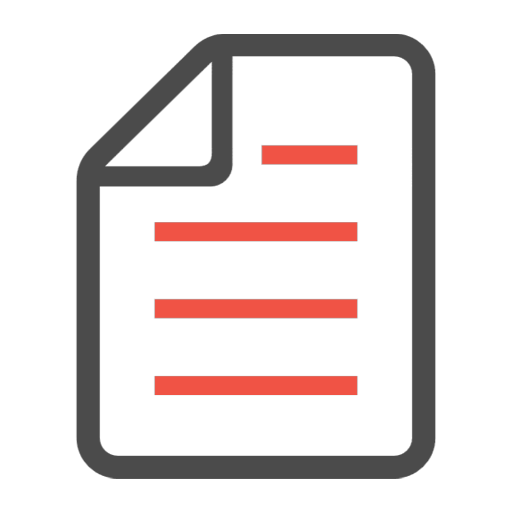 ビジネス日本語研修の流れ「カリキュラム作成」イメージ。白い書類アイコンに赤い横線が並ぶシンプルなデザイン。