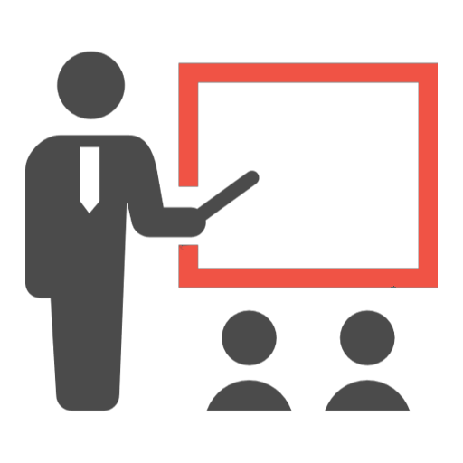 ビジネス日本語研修の流れ「研修実施」イメージ。講師がホワイトボードを使って受講者に指導する様子を表現したシンプルなイラスト。