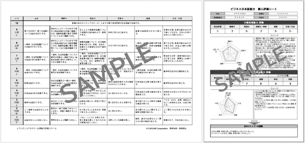 口頭能力評価スケール＆個人評価シートのサンプル画像。