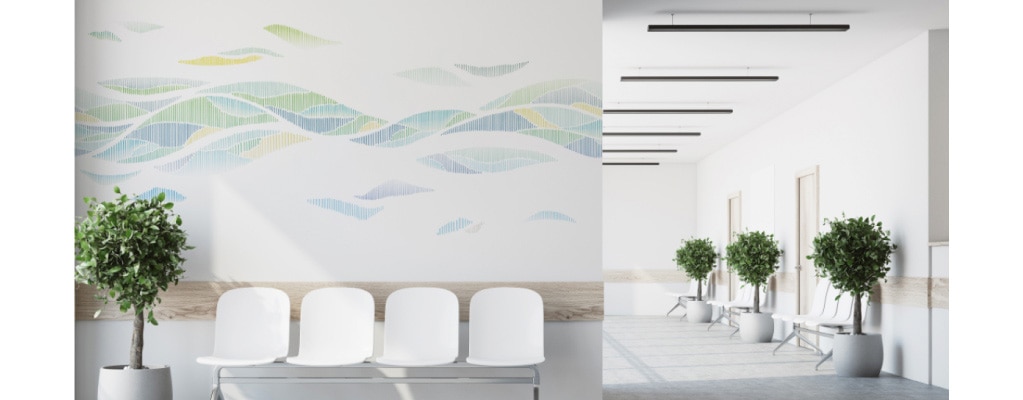 病院の通路に抽象アート壁紙