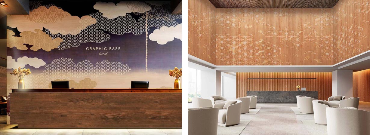 ホテルの受付とロビーに伝統柄の木目壁紙