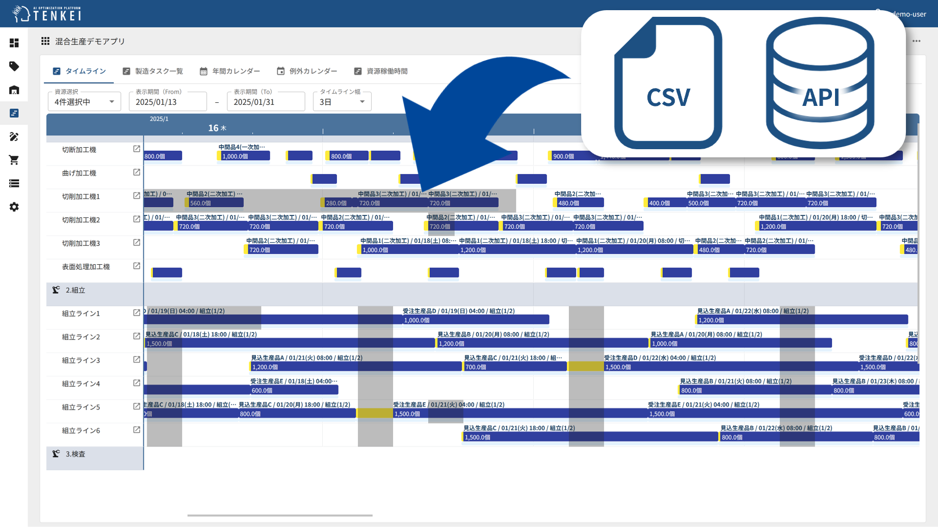 非稼働と進行中タスクが重複しているガントチャート画面
