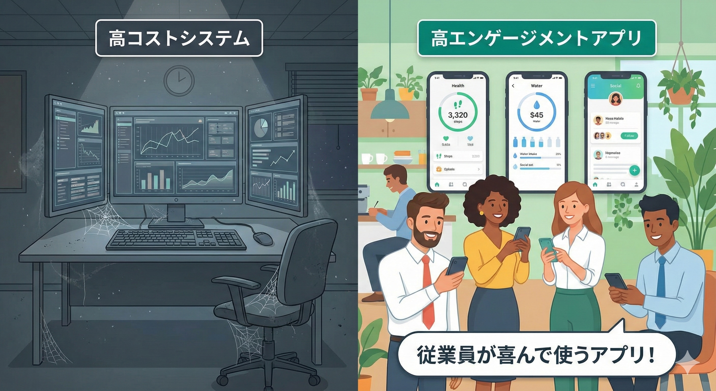高機能だが使われていない無人の管理システムと、活発に使われているスマートフォンのアプリを対比させたイラスト