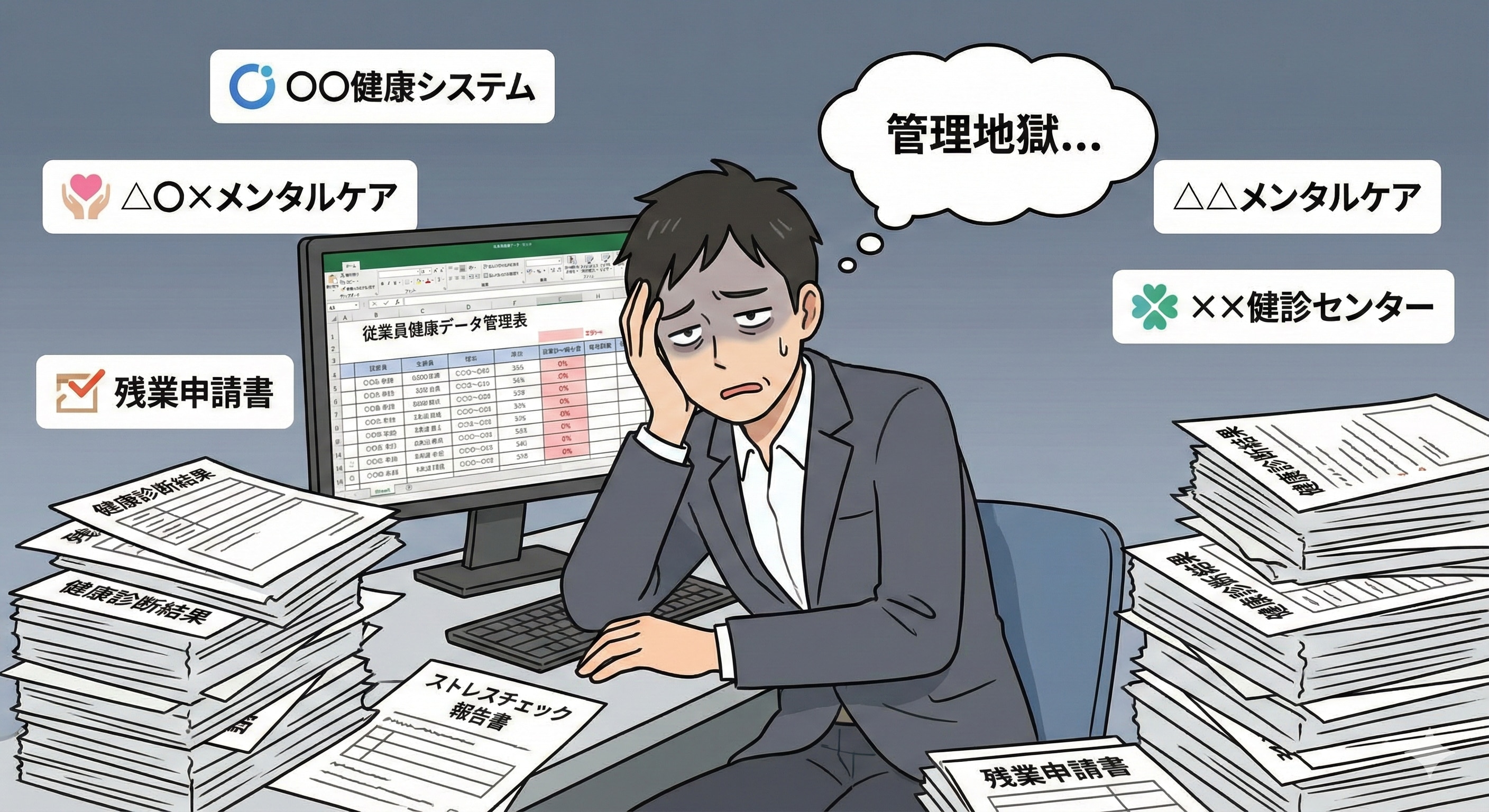 健康経営の担当者が、紙の書類、PCのExcel画面、複数のベンダーアイコンに囲まれて疲れている様子