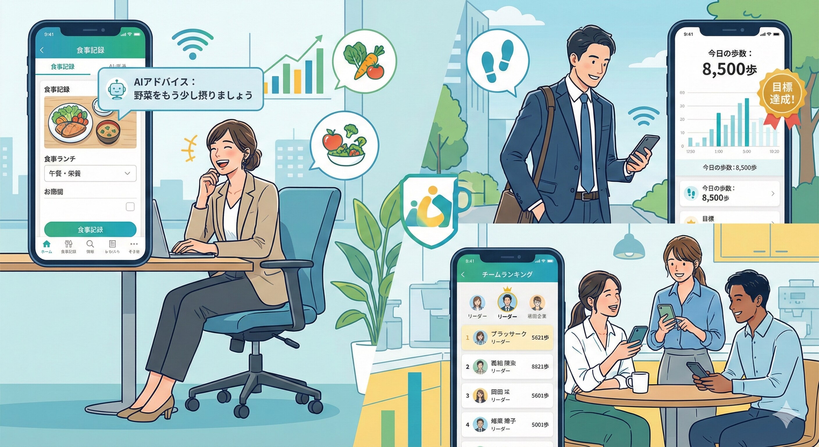 従業員がスマートフォンアプリを使って楽しく健康習慣を記録している様子