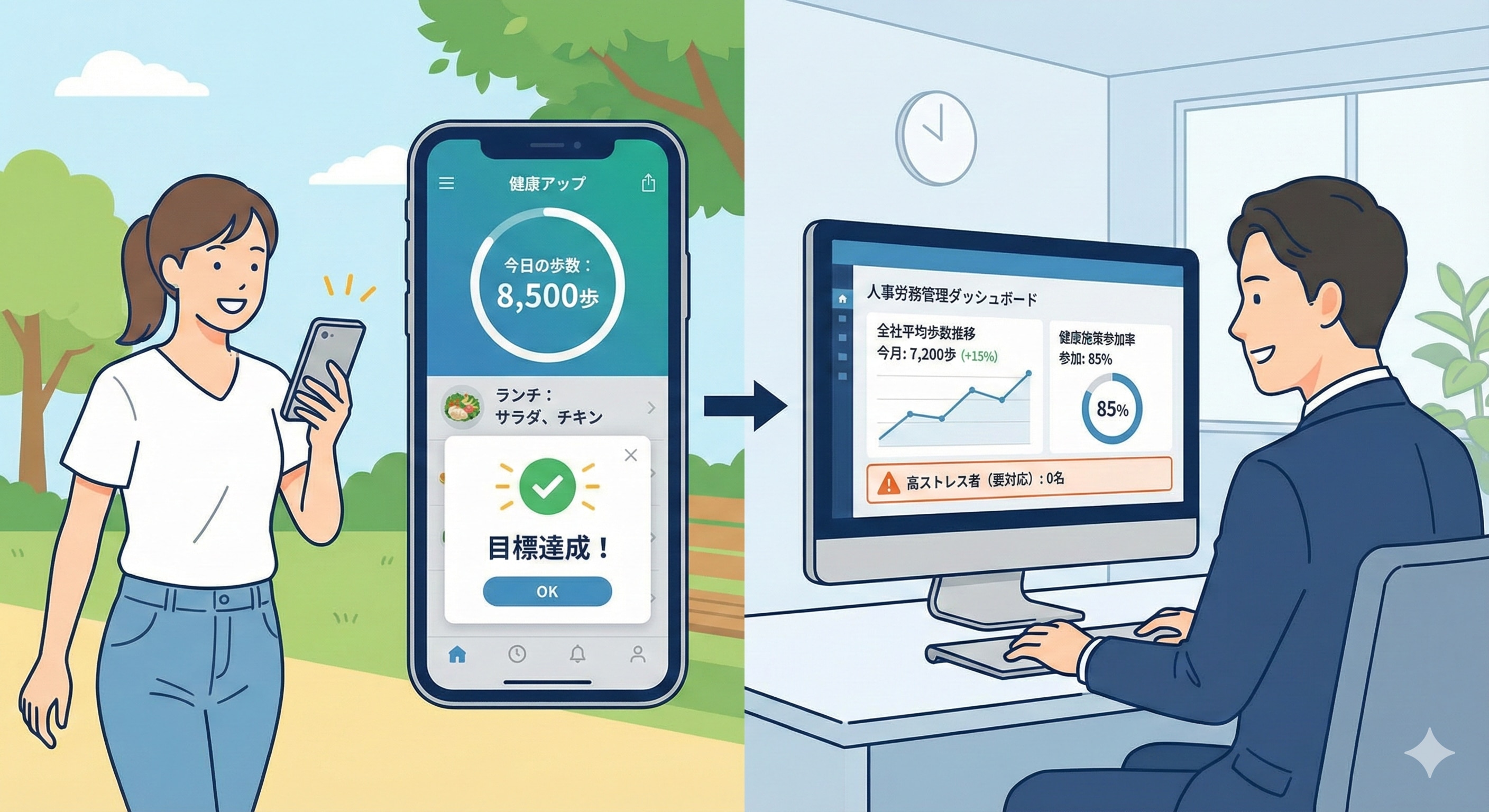 スマートフォンアプリで従業員が楽しくウォーキングや食事記録をしているイラストと、そのデータが人事労務のダッシュボードに自動集計されているイメージ