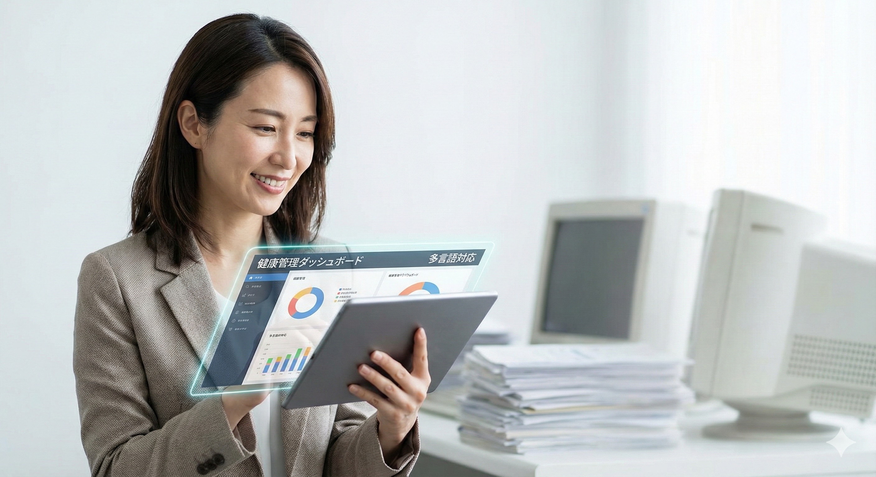 管理地獄から解放され、デジタルダッシュボードで効率的に健康管理を行う人事担当者のイメージ