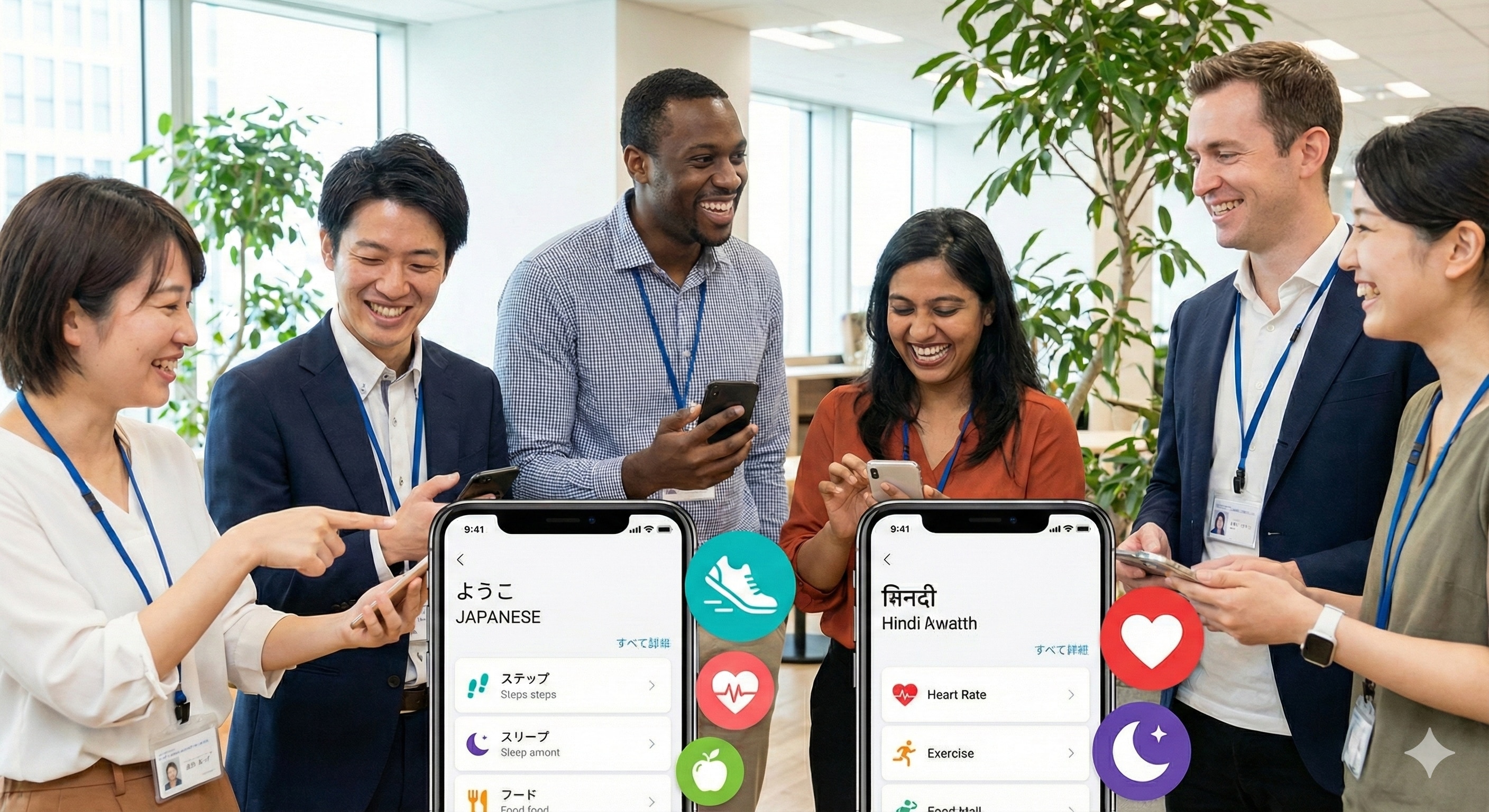 スマートフォンアプリを活用して健康データを入力している多国籍な従業員たちのイメージ