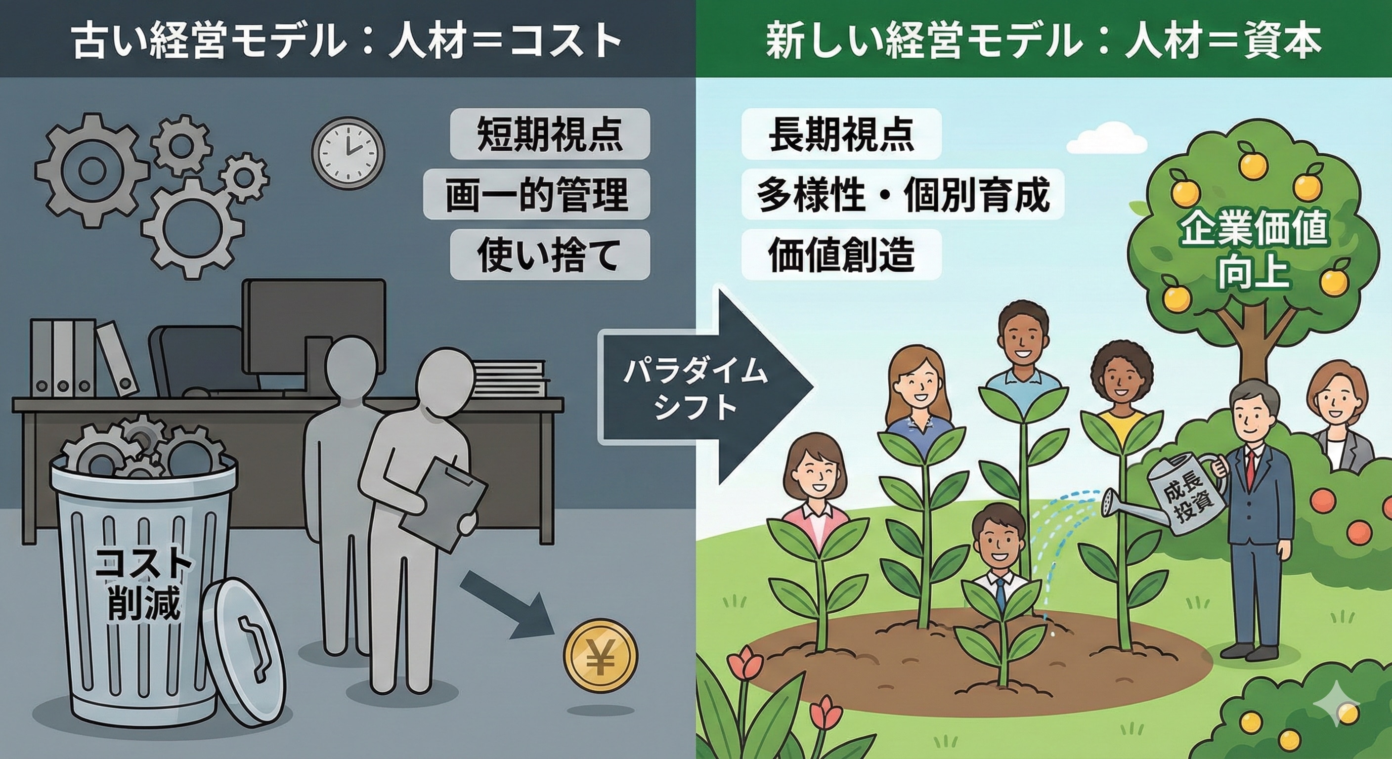 人材をコストとして扱う古い経営モデルと、人材を資本として扱う新しい経営モデル（成長を促す水やり）を対比したイラスト