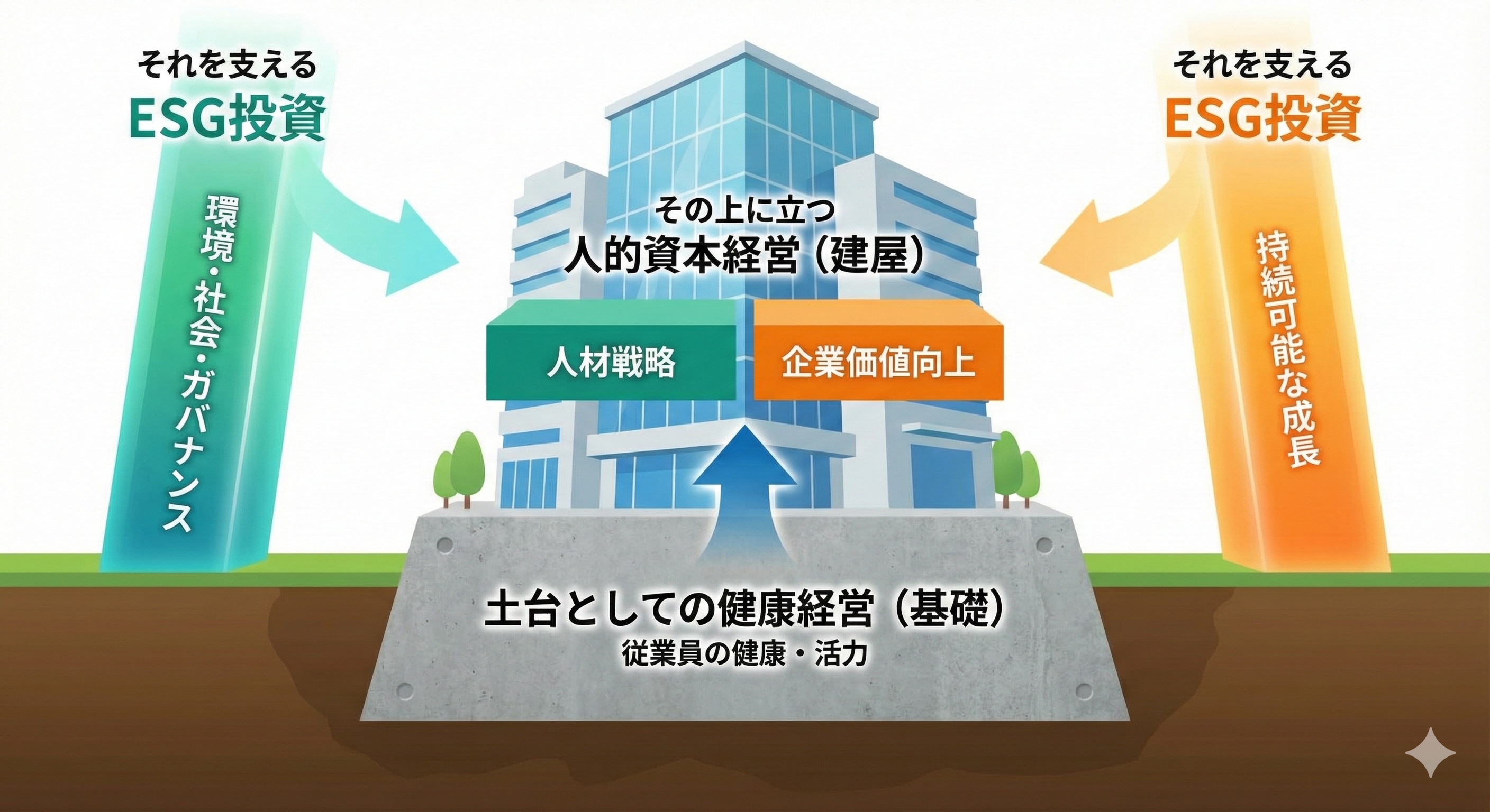 土台としての健康経営（基礎）、その上に立つ人的資本経営（建屋）、それを支えるESG投資のイメージ図