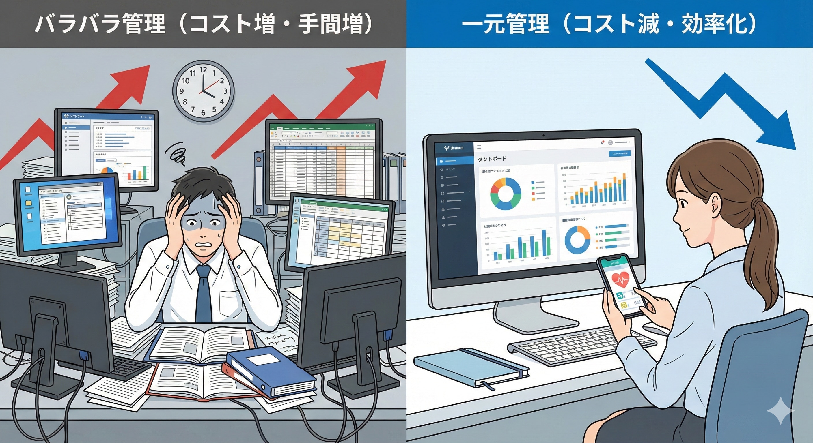 「バラバラ管理(コスト増・手間増)」と「一元管理(コスト減・効率化)」を比較したイラスト