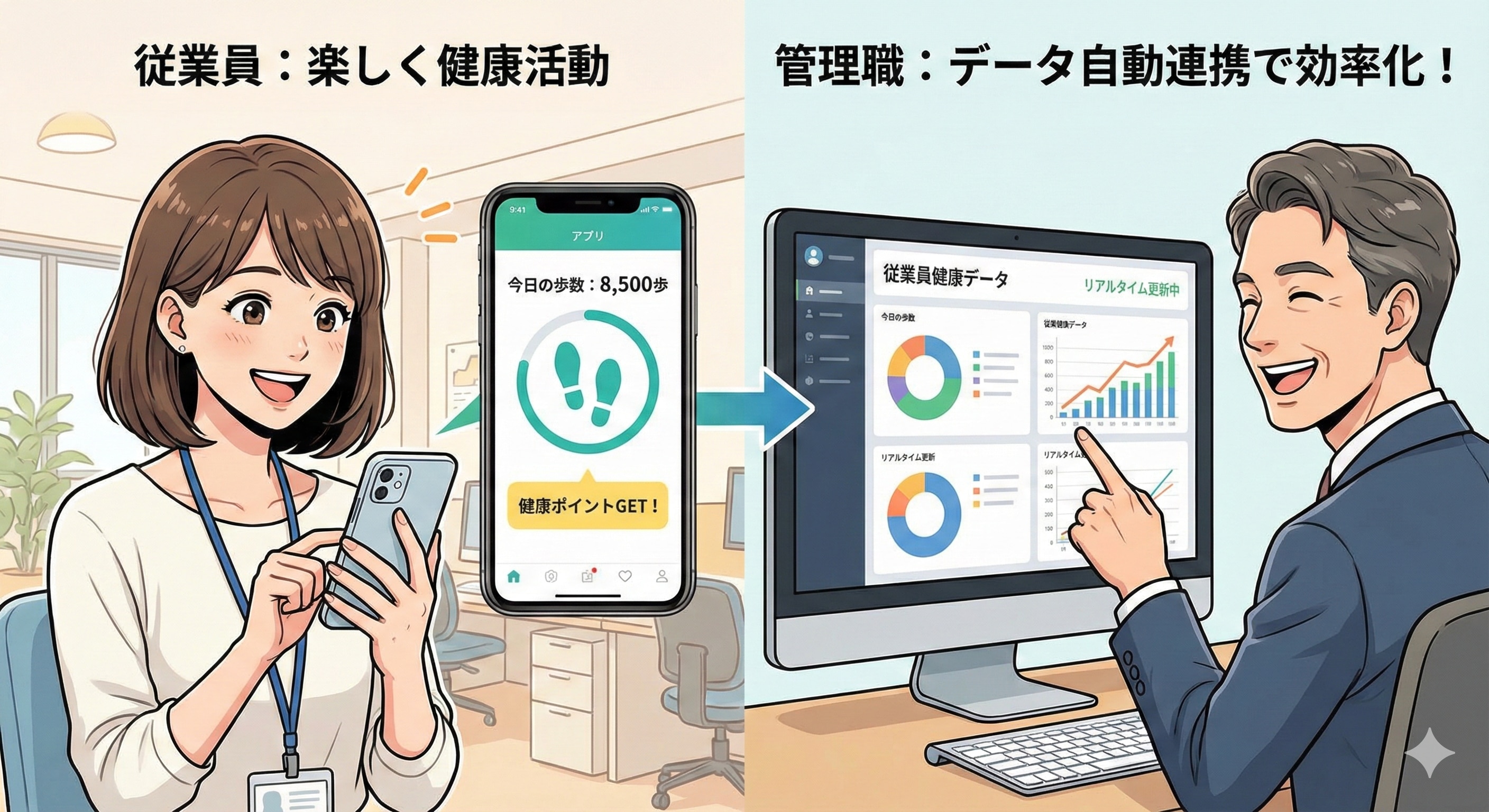 スマホアプリを楽しそうに操作する従業員と、そのデータが自動反映されて喜ぶ管理職の対比図
