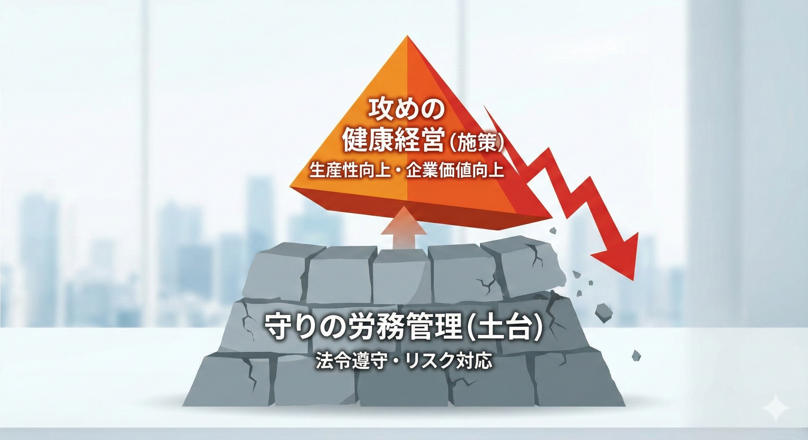 「守りの労務管理（土台）」の上に「攻めの健康経営（施策）」が乗っているピラミッド図