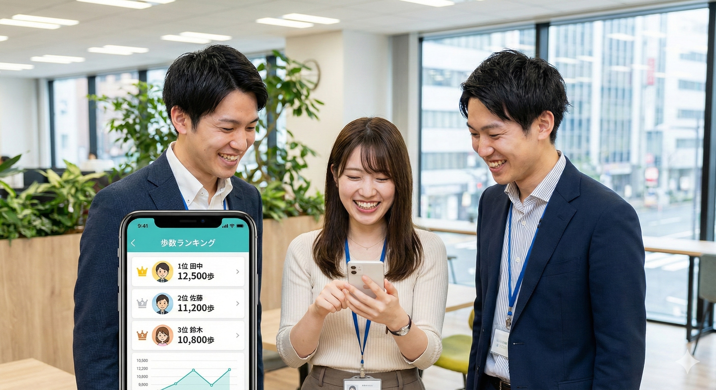 スマートフォンを見ながら笑顔で同僚と話している若手社員の様子。アプリ画面には歩数ランキングが表示されているイメージ