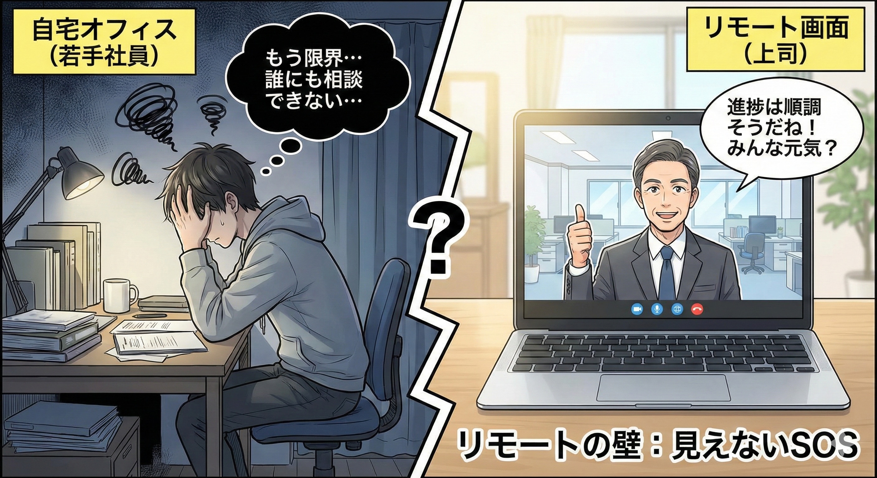オフィスのデスクで頭を抱える若手社員と、リモート画面越しでその様子に気づけない上司の対比イラスト
