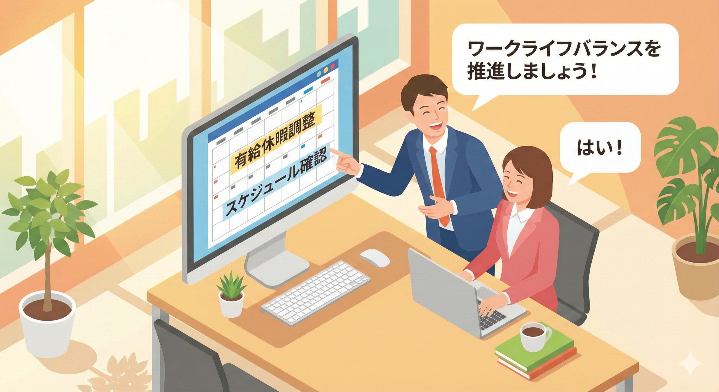 マネージャーと部下が笑顔でスケジュール調整をしているオフィスの様子。明るい雰囲気でコミュニケーションをとっている