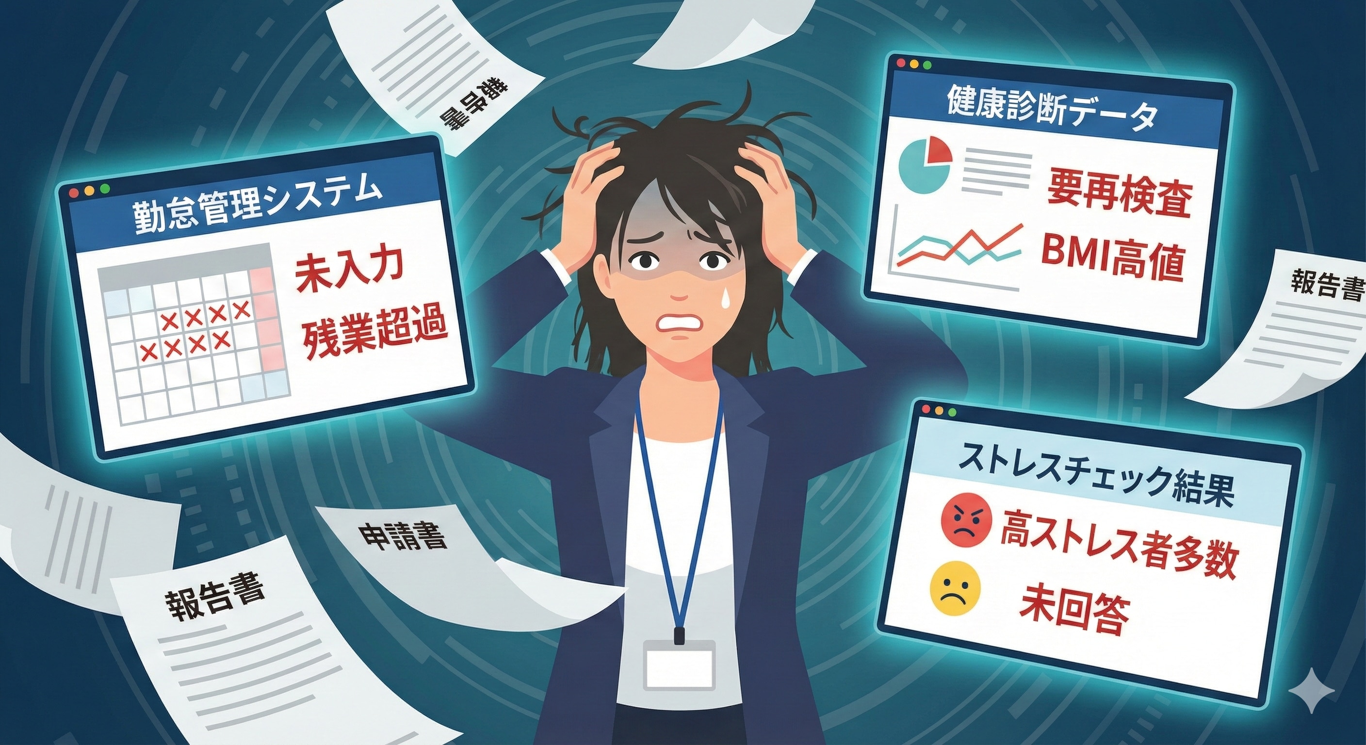 日本のオフィスでの長時間労働と有給未取得のイメージグラフ。疲れ果てたビジネスパーソンと、積み上がった書類の山。