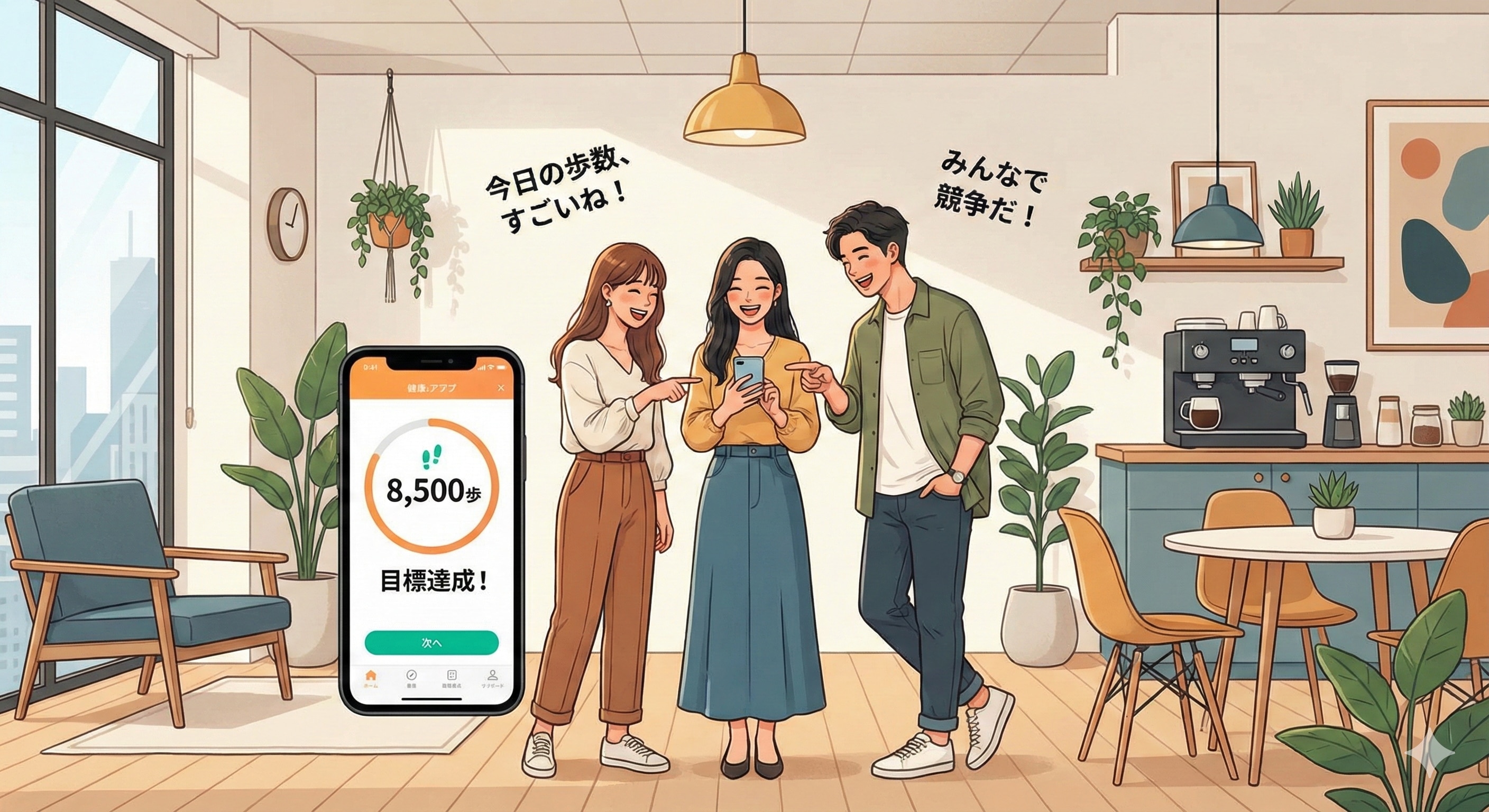 スマホアプリを見ながら楽しそうに歩数を確認し合う従業員のイラスト