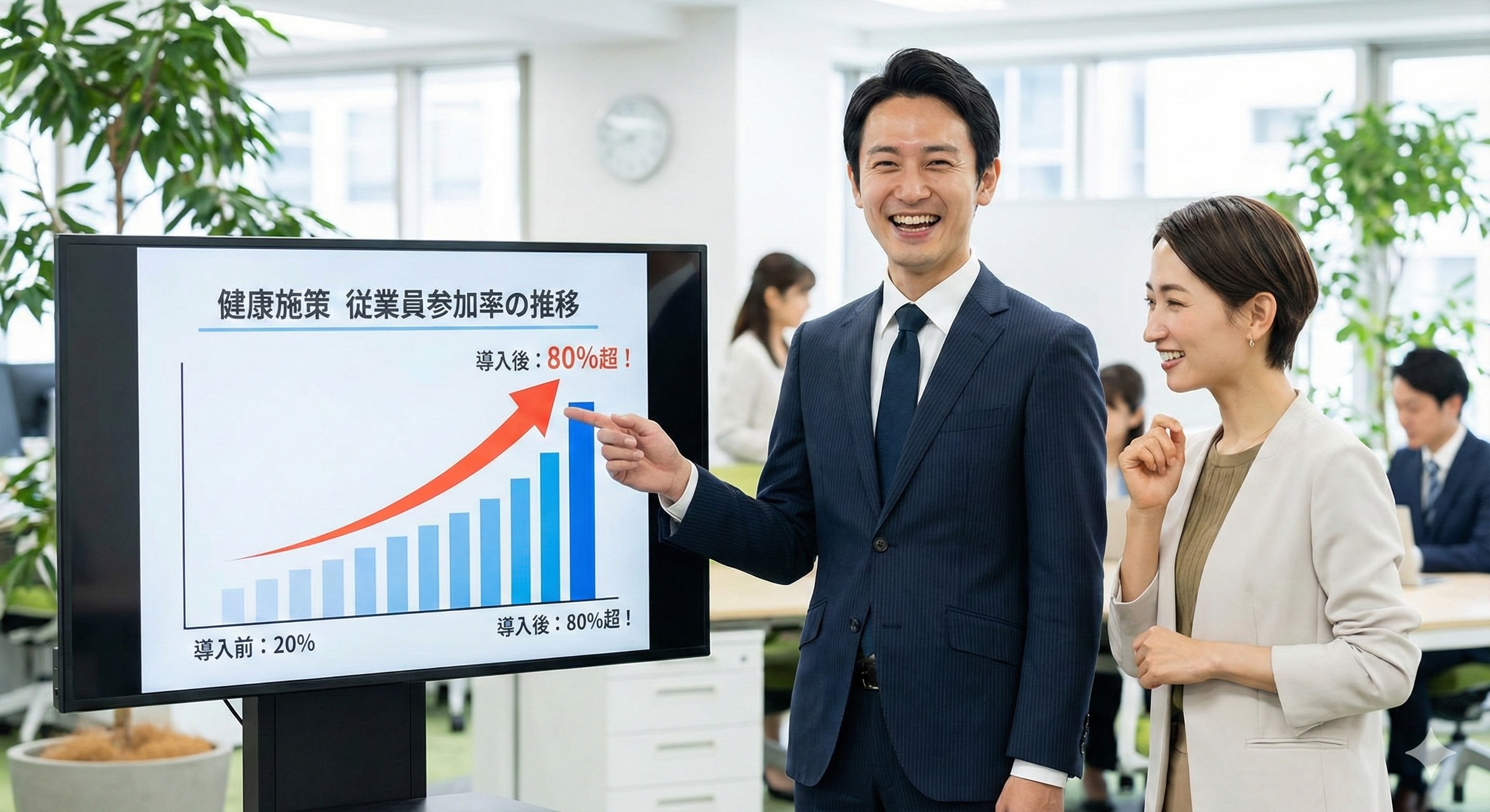 成功企業の担当者が笑顔でグラフ（参加率向上）を指さしているイメージ画像